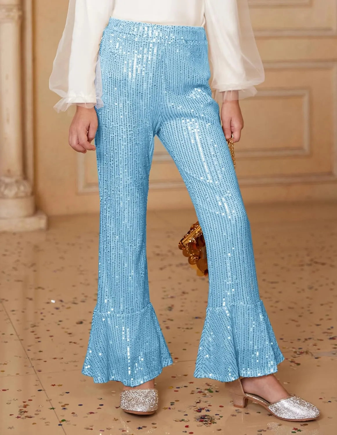 GRACE KARIN Girls Sequin Pants Sparke Trouser Glitter Dance Bell Bottoms 5-14