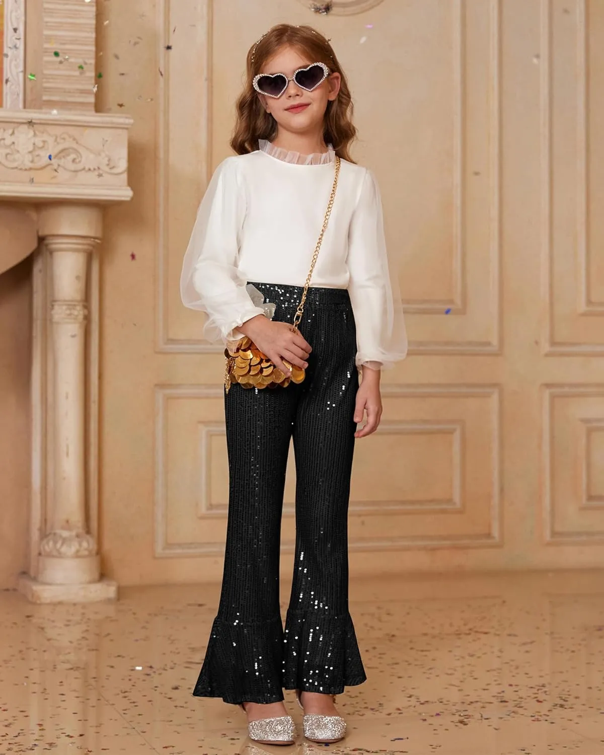 GRACE KARIN Girls Sequin Pants Sparke Trouser Glitter Dance Bell Bottoms 5-14