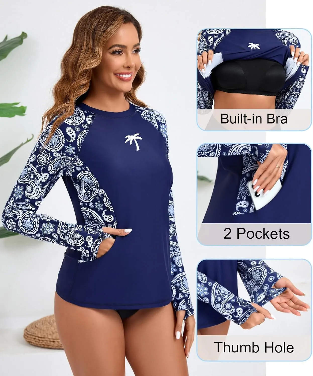 Halcurt Women Swim Shirt with Built in Bra Rash Guard with Pockets Thumb Hole Swimsuit Top