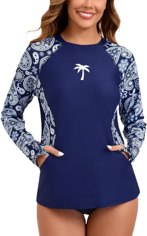 Halcurt Women Swim Shirt with Built in Bra Rash Guard with Pockets Thumb Hole Swimsuit Top