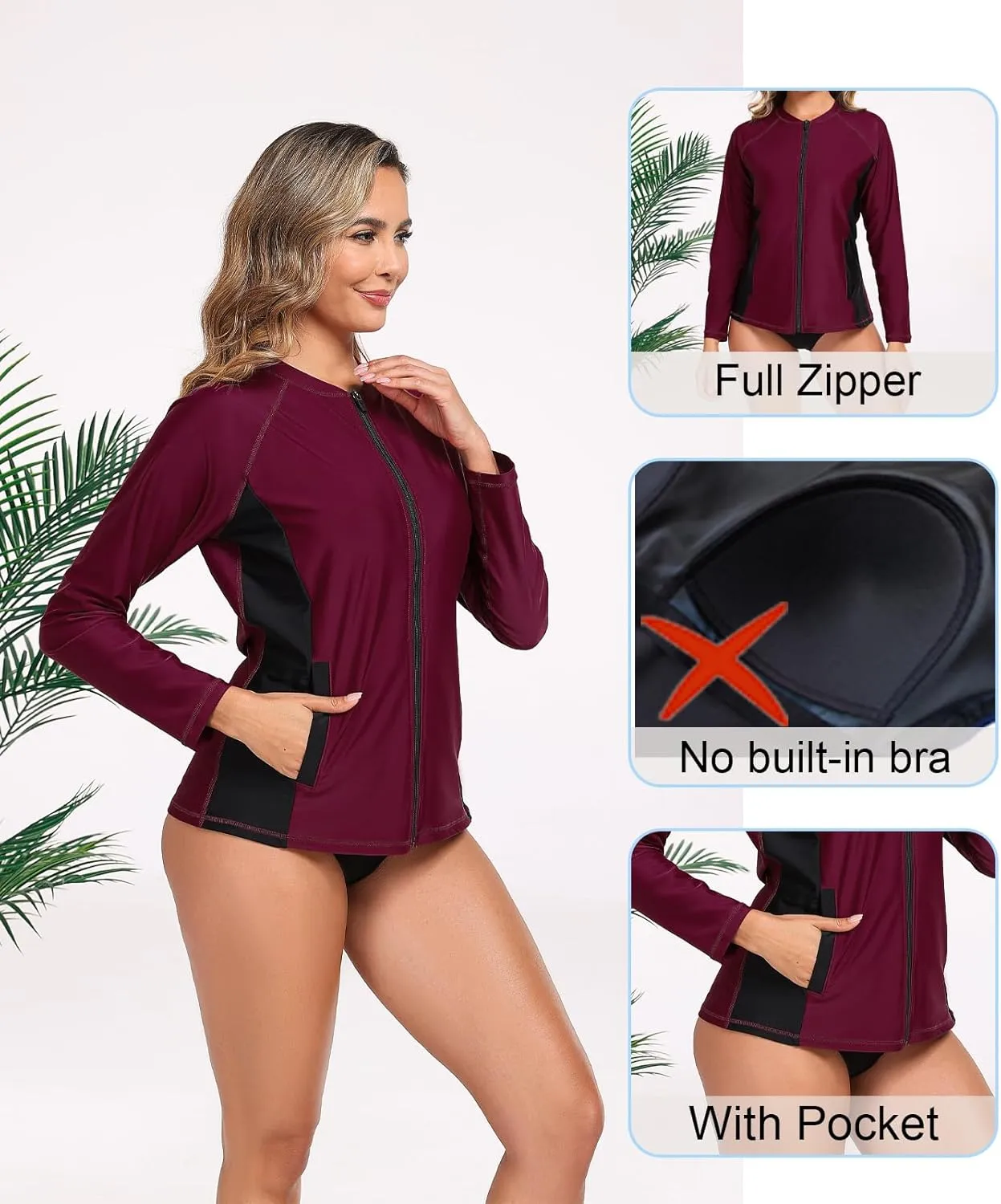 Halcurt Women's Full Zip Long Sleeve Rash Guard Swim Top with Pockets UPF50  Quick Dry Swimsuit