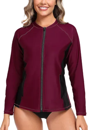 Halcurt Women's Full Zip Long Sleeve Rash Guard Swim Top with Pockets UPF50  Quick Dry Swimsuit