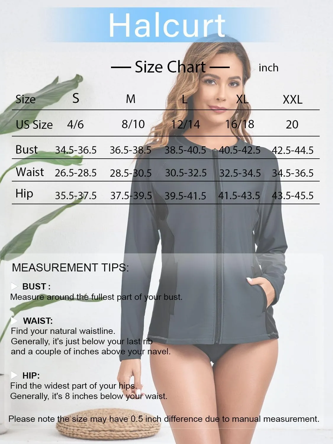 Halcurt Women's Full Zip Long Sleeve Rash Guard Swim Top with Pockets UPF50  Quick Dry Swimsuit
