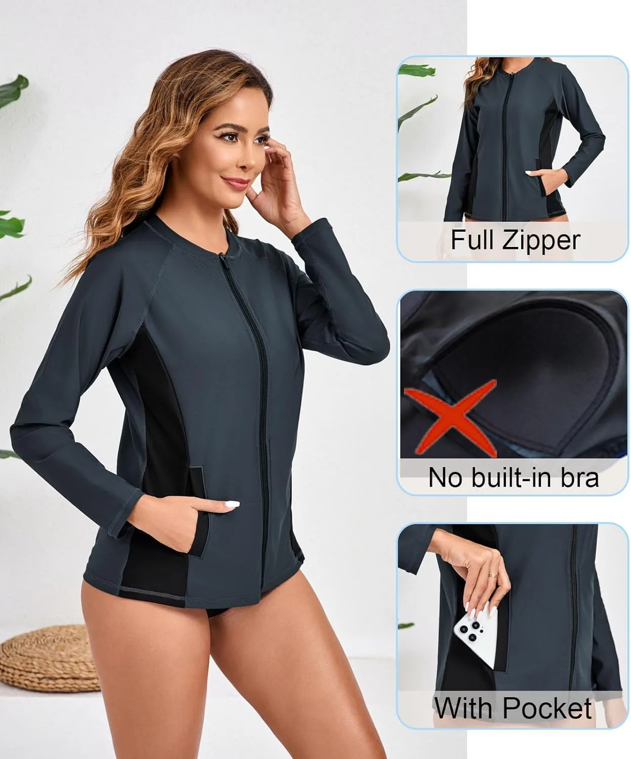 Halcurt Women's Full Zip Long Sleeve Rash Guard Swim Top with Pockets UPF50  Quick Dry Swimsuit