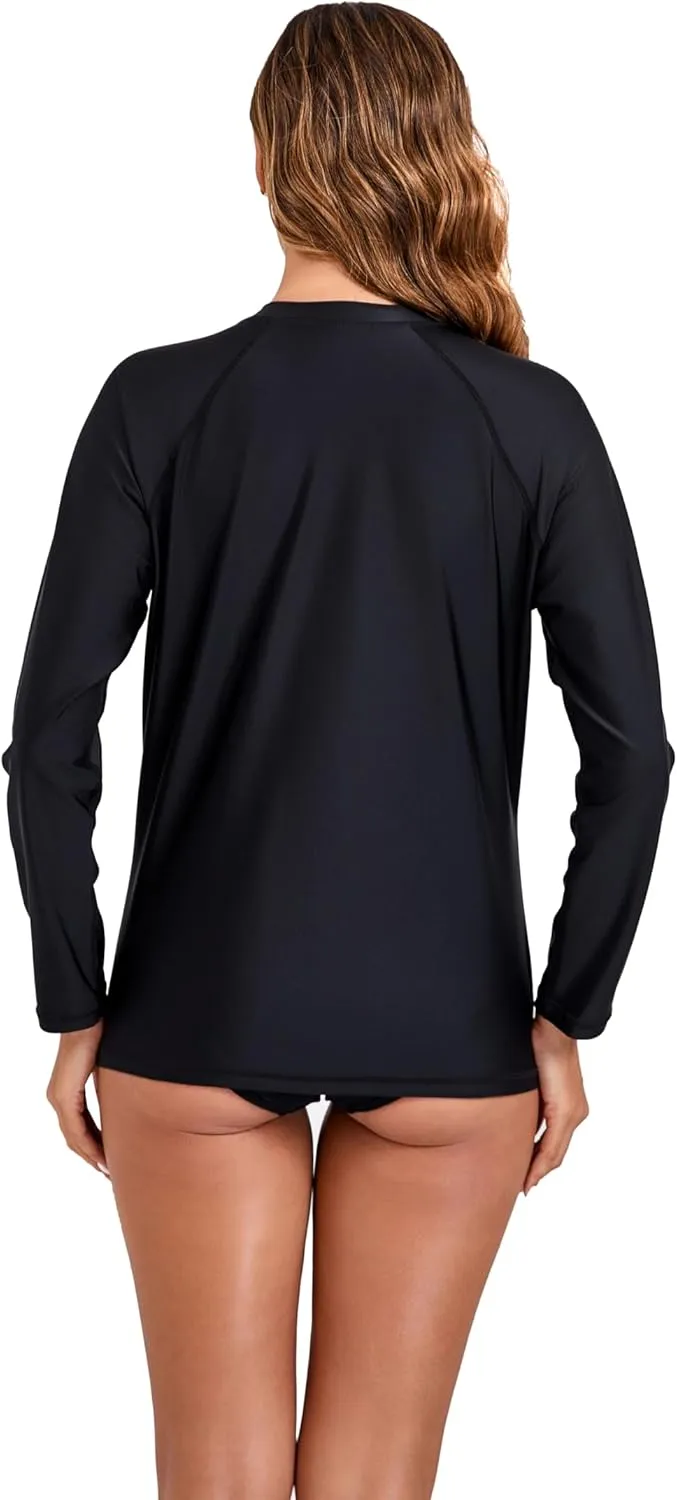 Halcurt Women's Full Zip Long Sleeve Rash Guard Swim Top with Pockets UPF50  Quick Dry Swimsuit