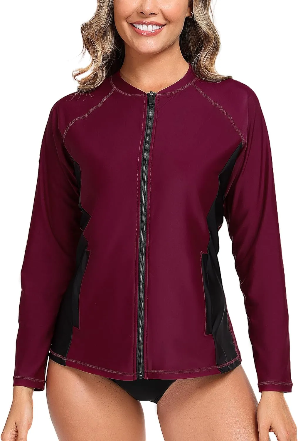 Halcurt Women's Full Zip Long Sleeve Rash Guard Swim Top with Pockets UPF50  Quick Dry Swimsuit