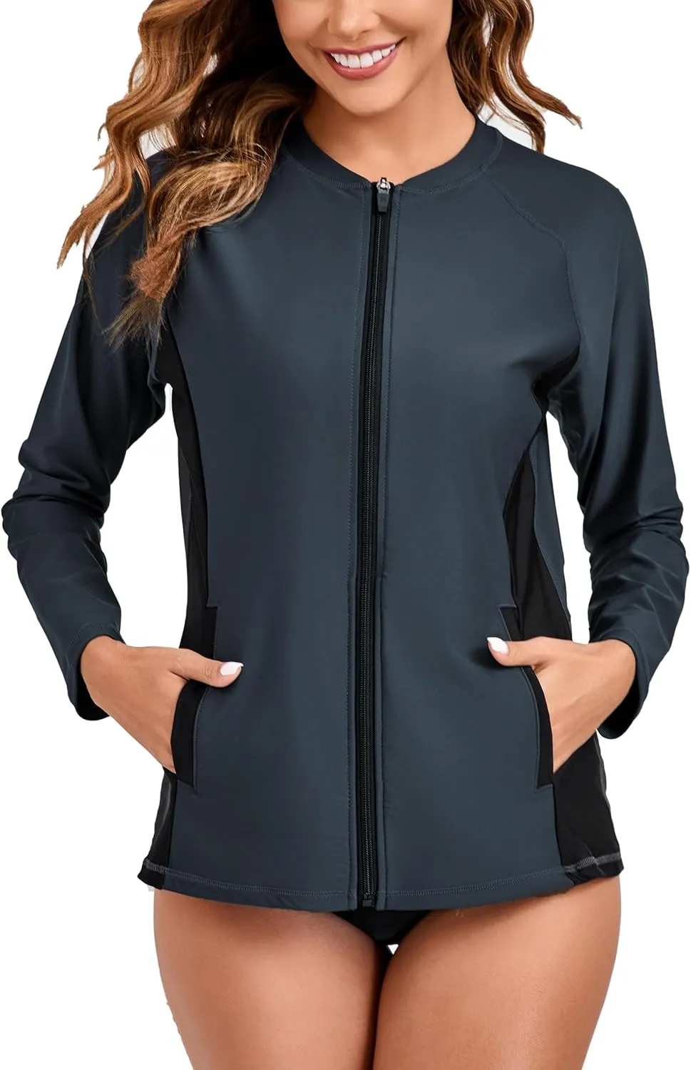 Halcurt Women's Full Zip Long Sleeve Rash Guard Swim Top with Pockets UPF50  Quick Dry Swimsuit