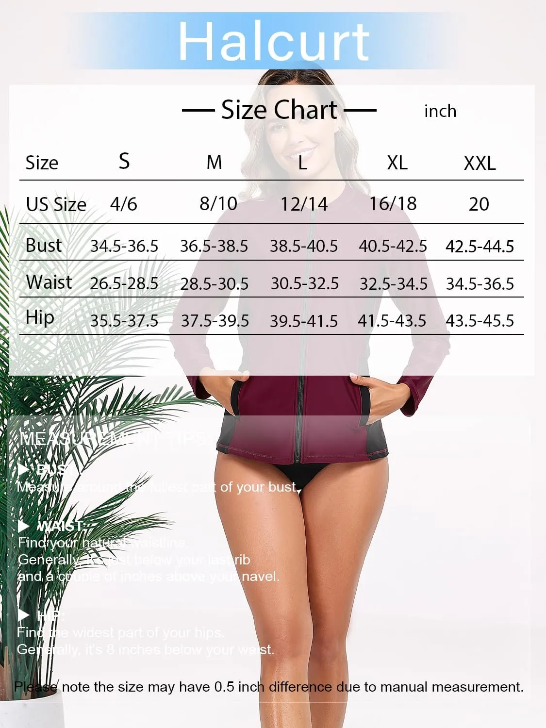 Halcurt Women's Full Zip Long Sleeve Rash Guard Swim Top with Pockets UPF50  Quick Dry Swimsuit