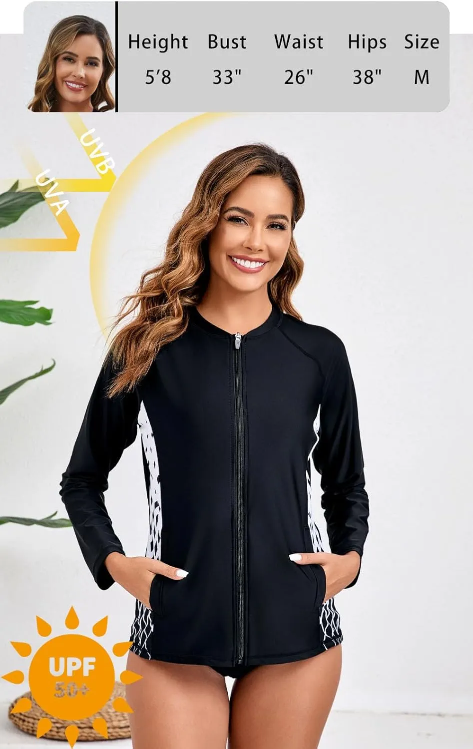 Halcurt Women's Full Zip Long Sleeve Rash Guard Swim Top with Pockets UPF50  Quick Dry Swimsuit