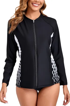 Halcurt Women's Full Zip Long Sleeve Rash Guard Swim Top with Pockets UPF50  Quick Dry Swimsuit
