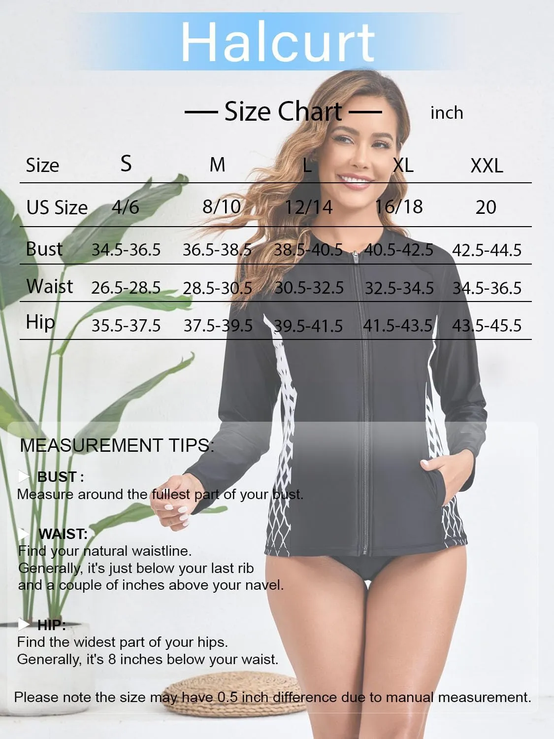Halcurt Women's Full Zip Long Sleeve Rash Guard Swim Top with Pockets UPF50  Quick Dry Swimsuit
