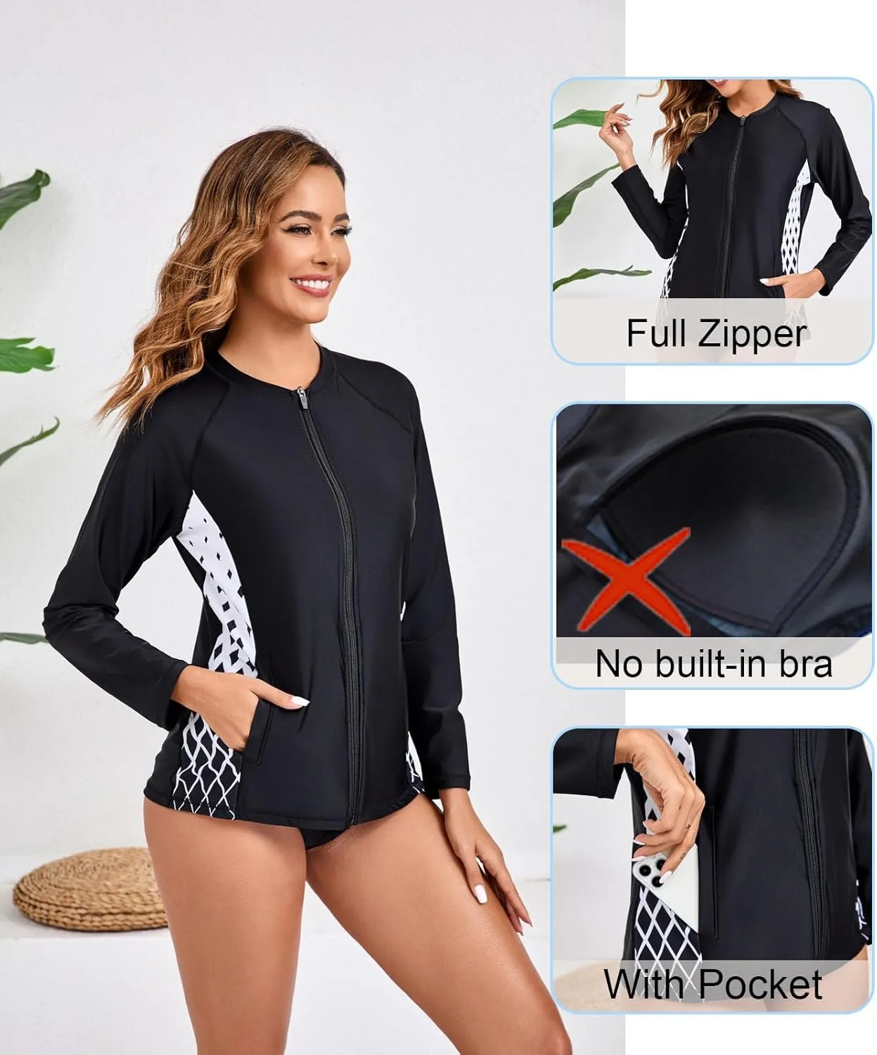 Halcurt Women's Full Zip Long Sleeve Rash Guard Swim Top with Pockets UPF50  Quick Dry Swimsuit