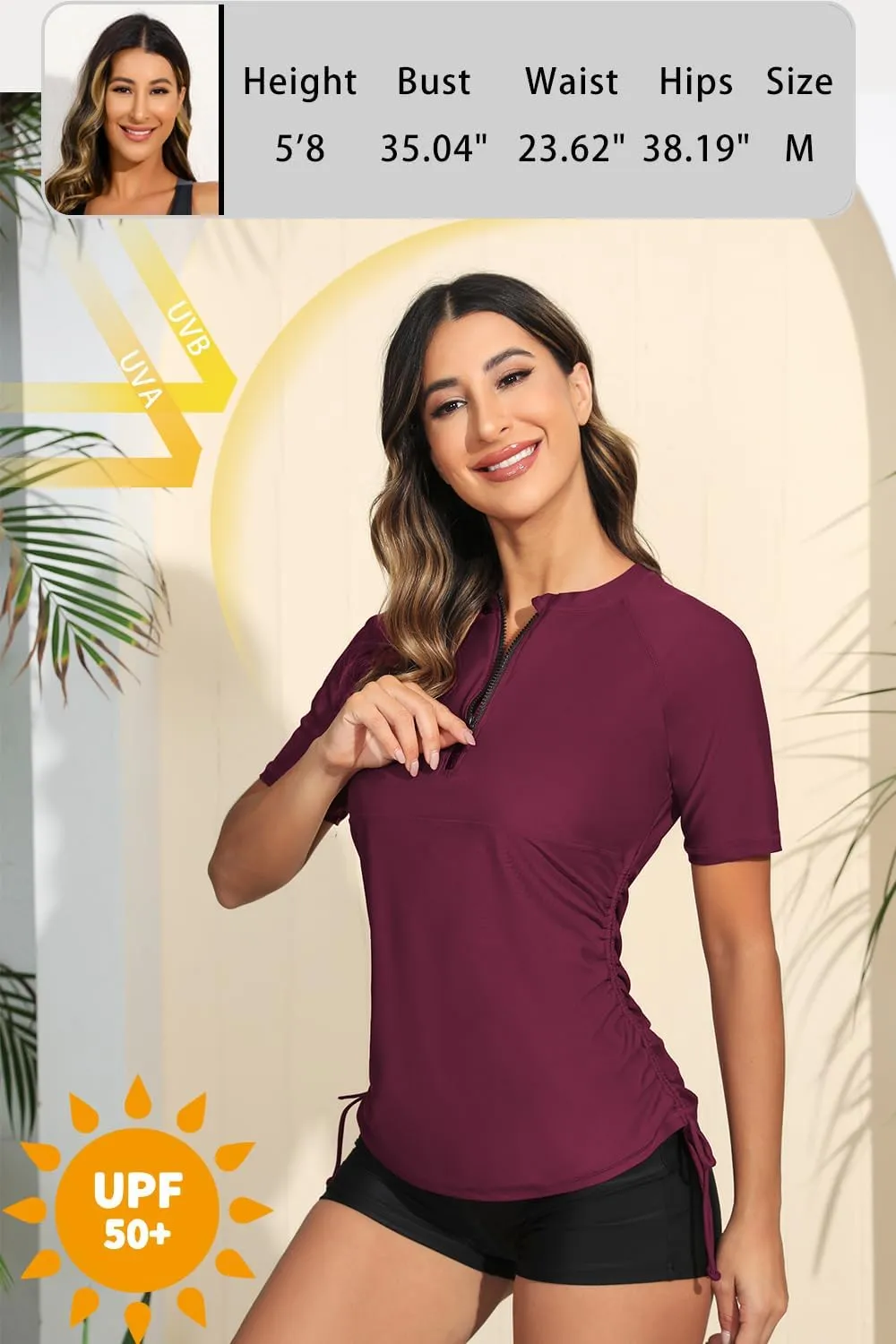 Halcurt Women's Half Zip Short Sleeve Rash Guard Swimsuit Top Ruched Swim Shirt UPF50  Quick Dry Bathing Suit