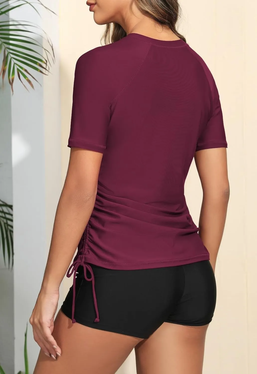 Halcurt Women's Half Zip Short Sleeve Rash Guard Swimsuit Top Ruched Swim Shirt UPF50  Quick Dry Bathing Suit