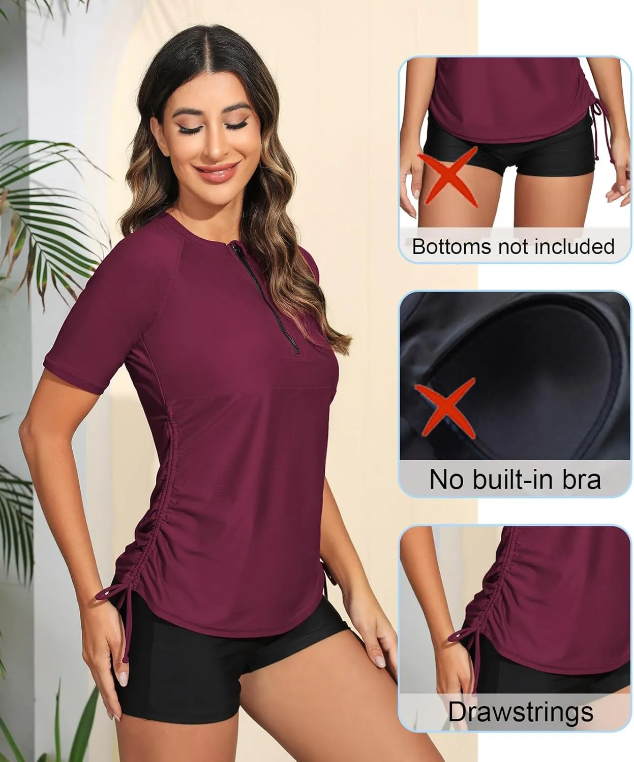 Halcurt Women's Half Zip Short Sleeve Rash Guard Swimsuit Top Ruched Swim Shirt UPF50  Quick Dry Bathing Suit