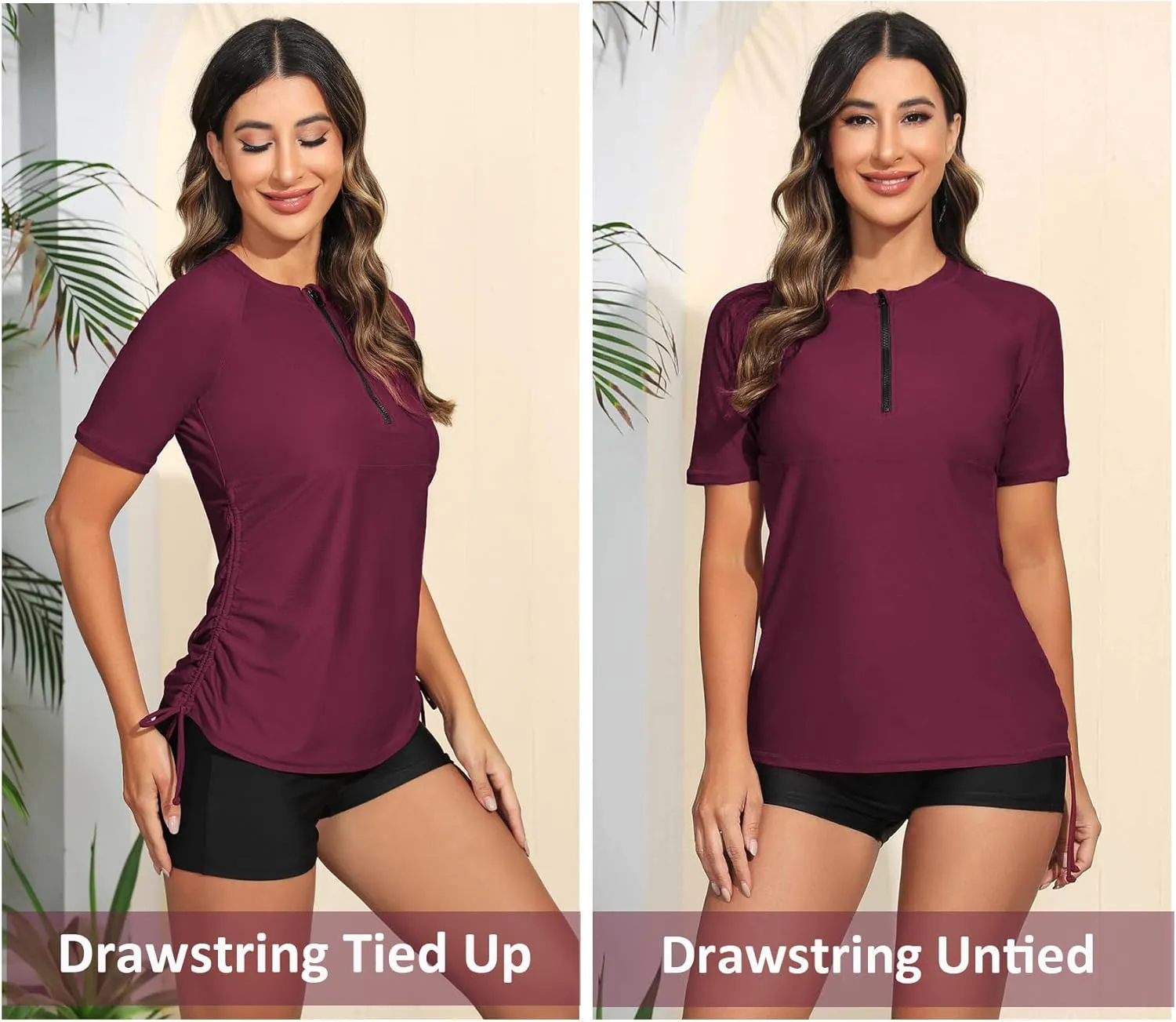 Halcurt Women's Half Zip Short Sleeve Rash Guard Swimsuit Top Ruched Swim Shirt UPF50  Quick Dry Bathing Suit