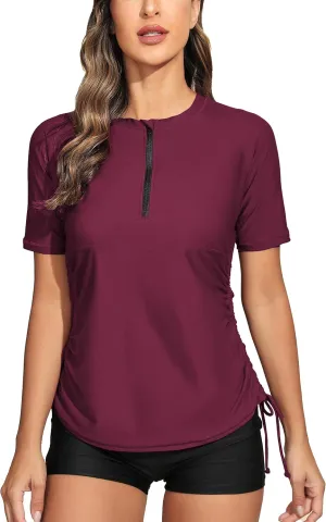 Halcurt Women's Half Zip Short Sleeve Rash Guard Swimsuit Top Ruched Swim Shirt UPF50  Quick Dry Bathing Suit