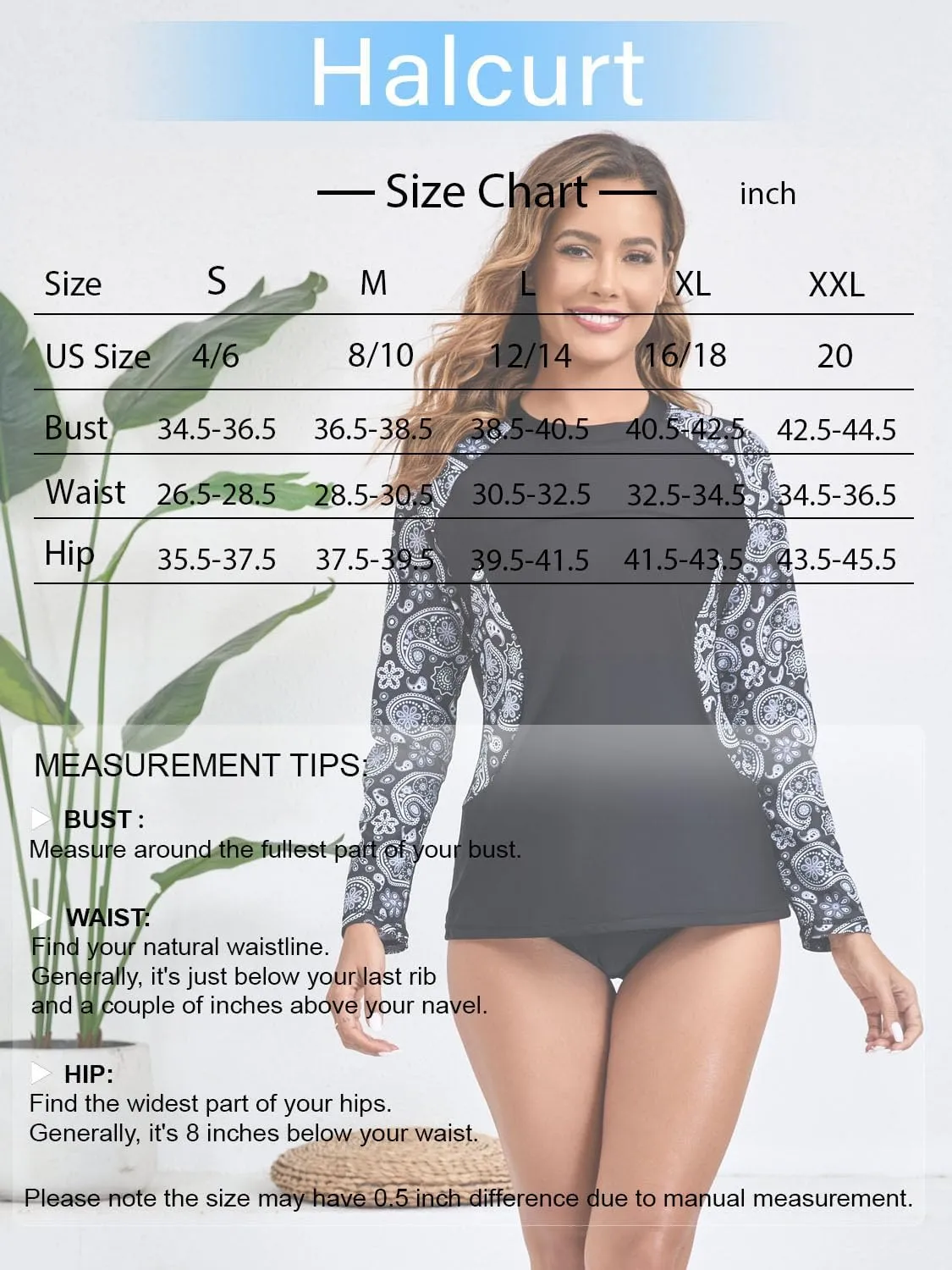 Halcurt Women's Long Sleeve Rash Guard Swim Top UPF50  SPF Sun Protection Swimsuit Quick Dry Bathing Suit