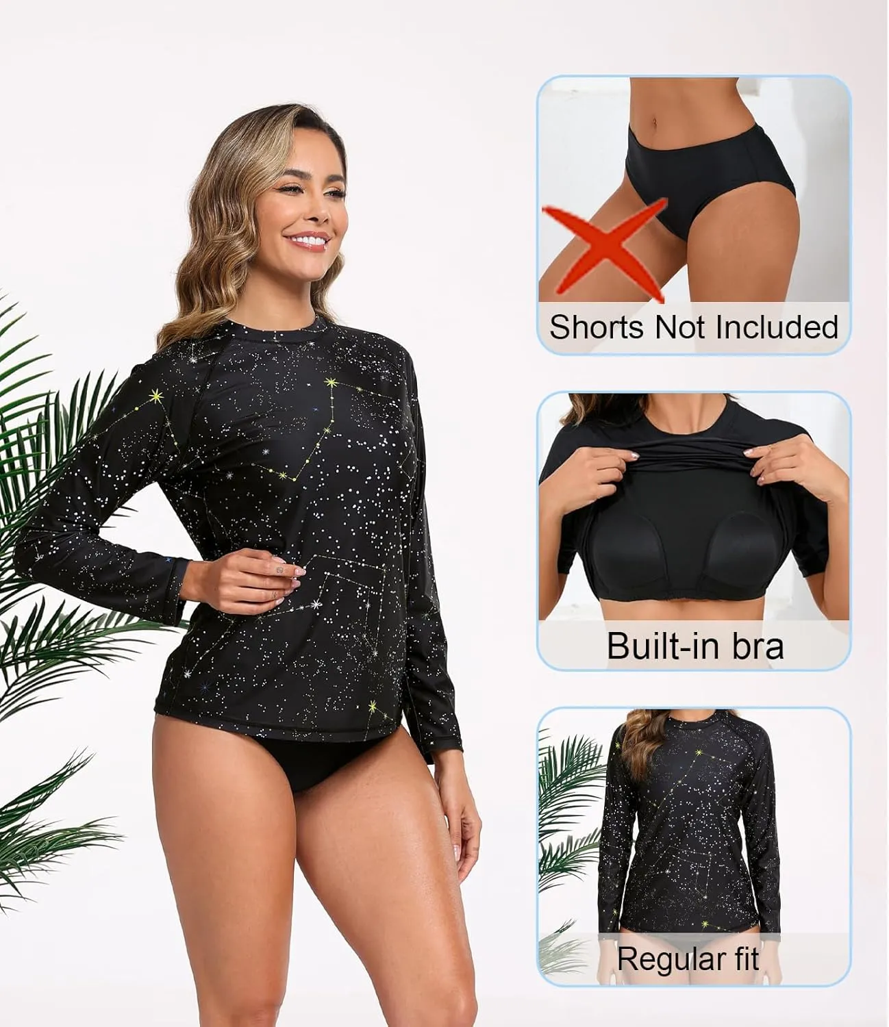 Halcurt Womens Long Sleeve Rash Guard Swim Top with Built in Bra UPF50  Sun Protection Swim Shirts Quick Dry Swimsuit