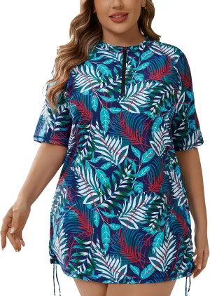 Halcurt Women's Plus Size Half Zip Short Sleeve Rash Guard Swim Top Drawstring Swim Shirt UPF50  Swimsuit