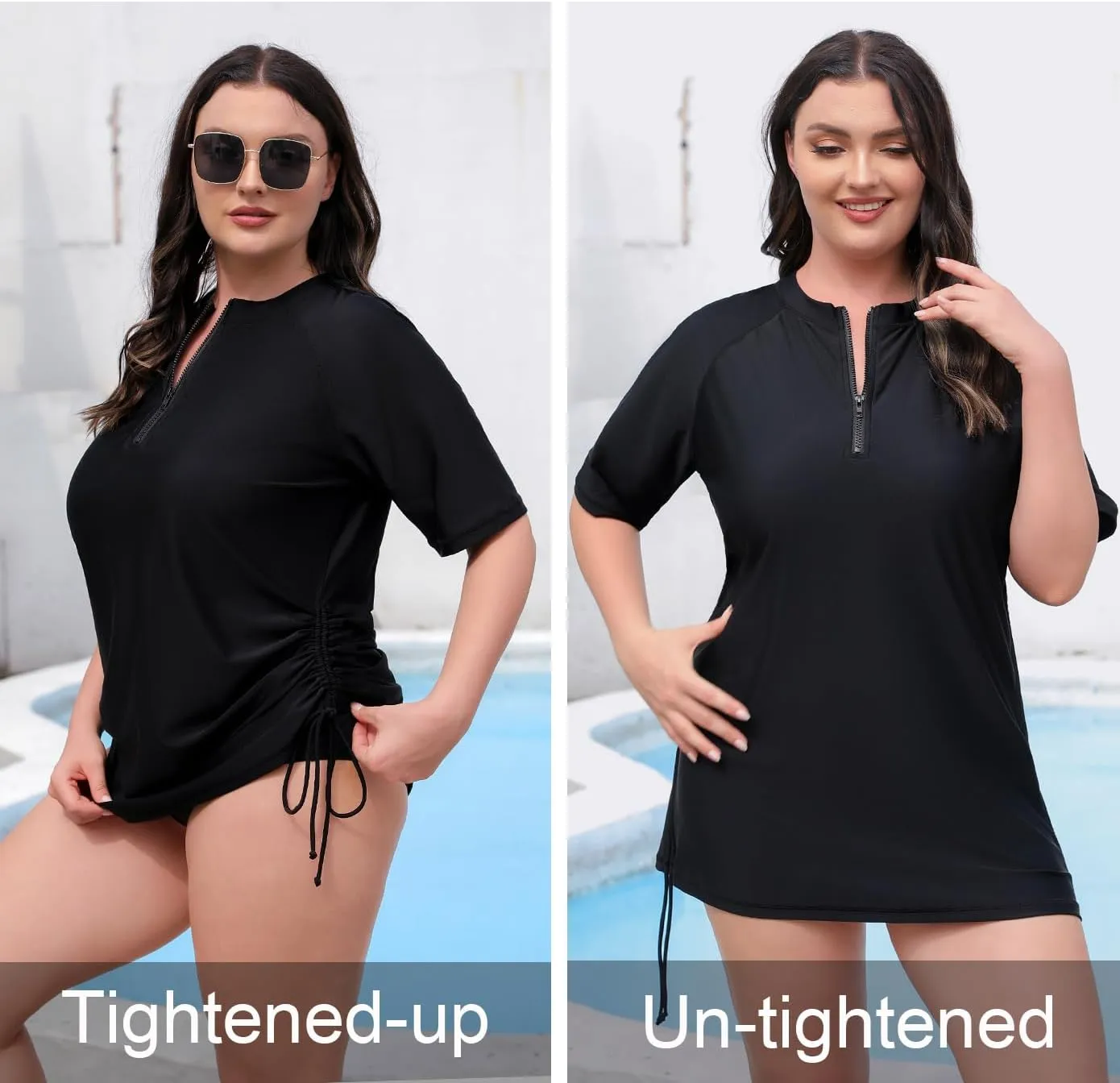 Halcurt Women's Plus Size Half Zip Short Sleeve Rash Guard Swim Top Drawstring Swim Shirt UPF50  Swimsuit