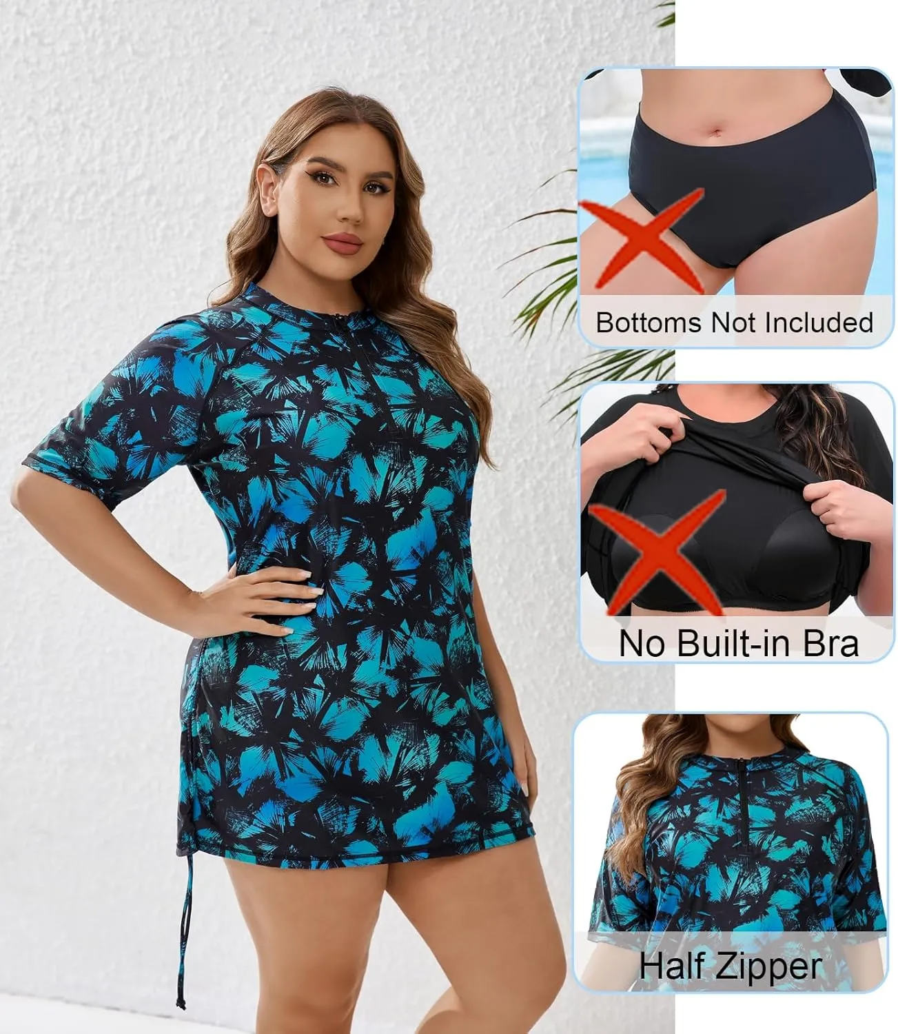Halcurt Women's Plus Size Half Zip Short Sleeve Rash Guard Swim Top Drawstring Swim Shirt UPF50  Swimsuit