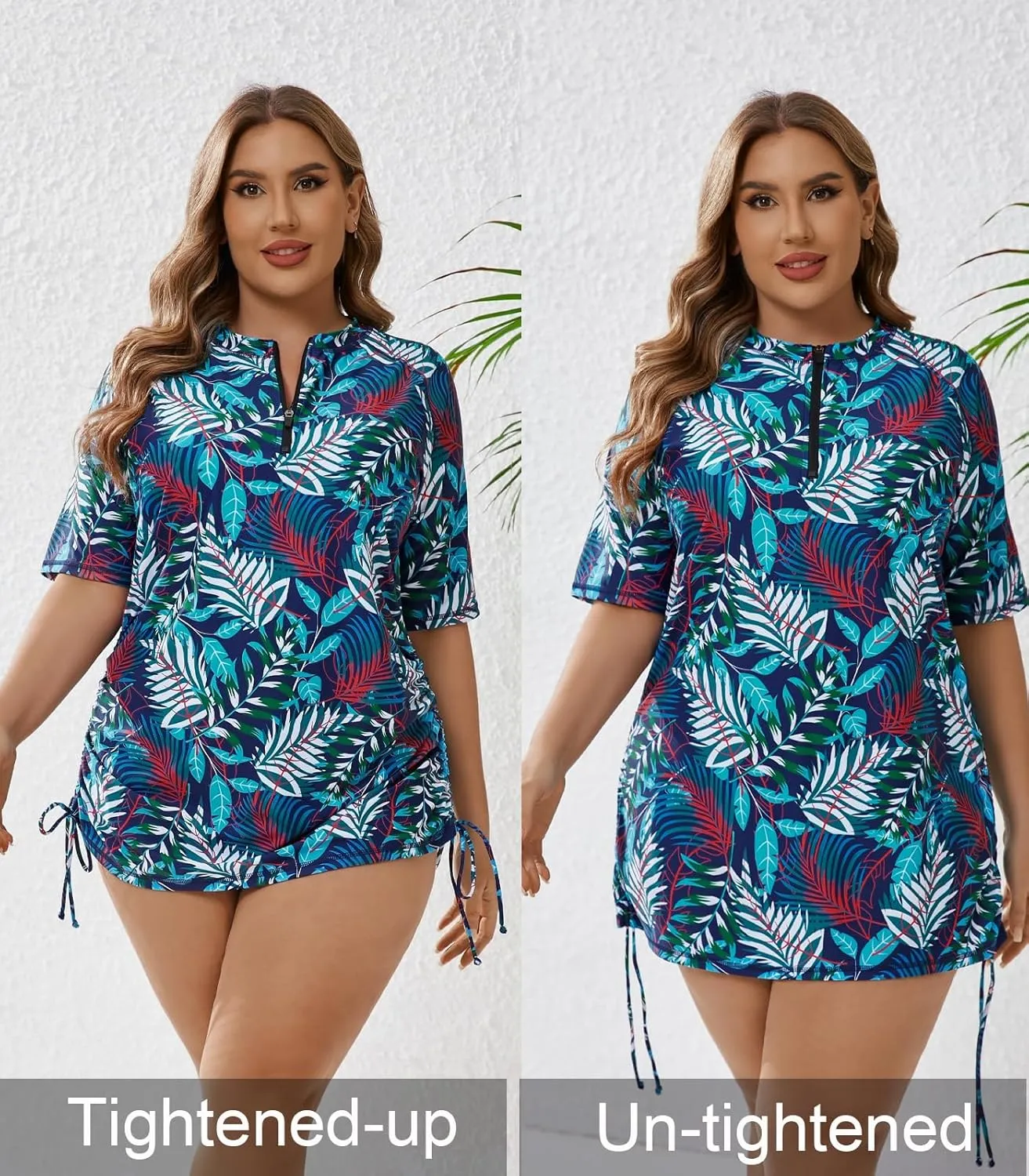 Halcurt Women's Plus Size Half Zip Short Sleeve Rash Guard Swim Top Drawstring Swim Shirt UPF50  Swimsuit