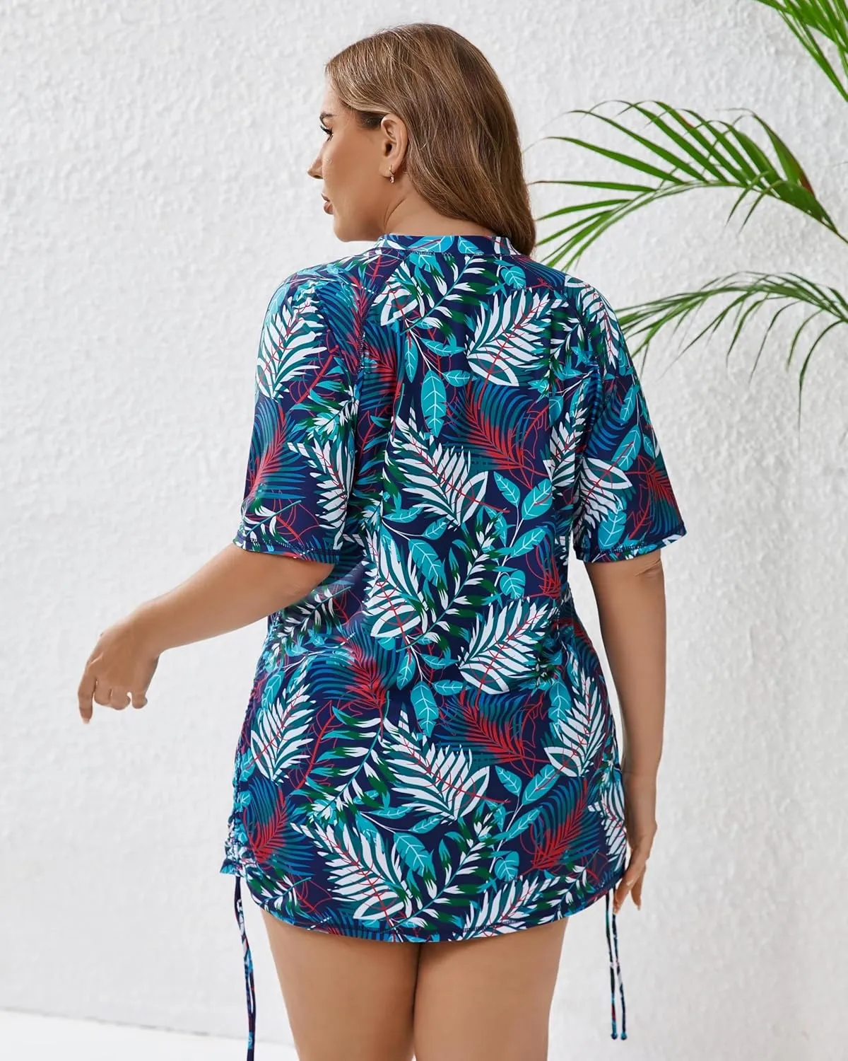 Halcurt Women's Plus Size Half Zip Short Sleeve Rash Guard Swim Top Drawstring Swim Shirt UPF50  Swimsuit
