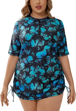 Halcurt Women's Plus Size Half Zip Short Sleeve Rash Guard Swim Top Drawstring Swim Shirt UPF50  Swimsuit