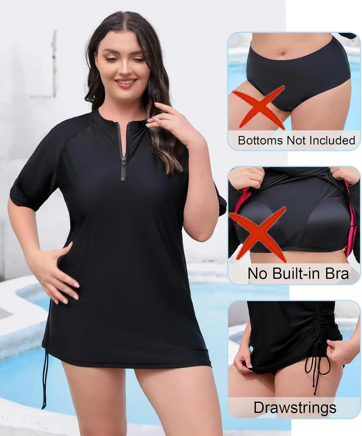 Halcurt Women's Plus Size Half Zip Short Sleeve Rash Guard Swim Top Drawstring Swim Shirt UPF50  Swimsuit