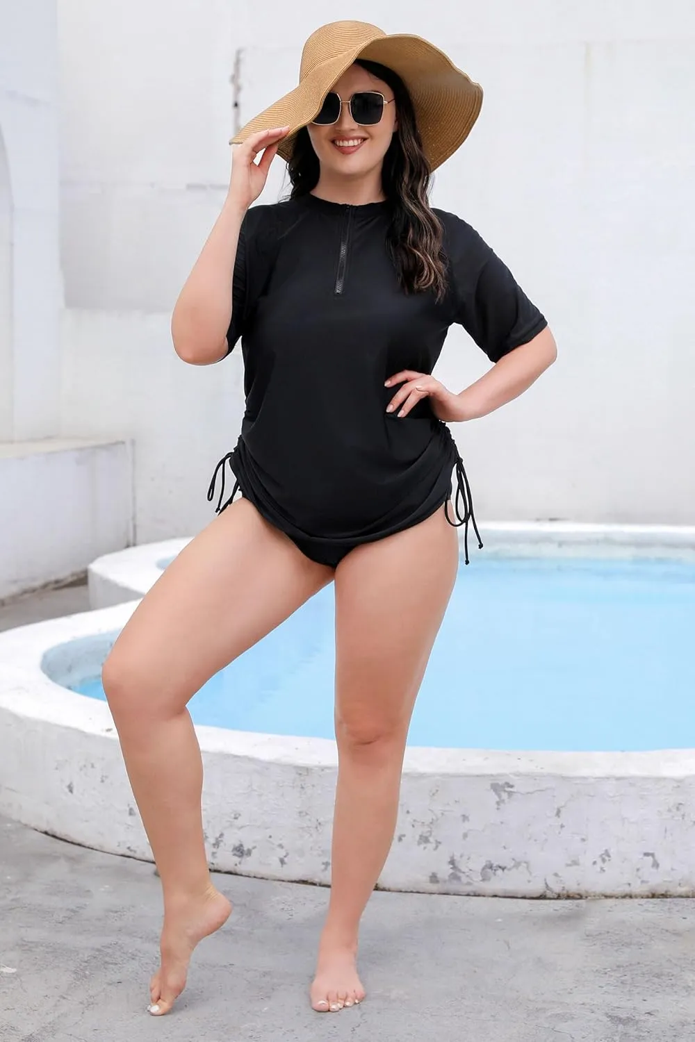 Halcurt Women's Plus Size Half Zip Short Sleeve Rash Guard Swim Top Drawstring Swim Shirt UPF50  Swimsuit