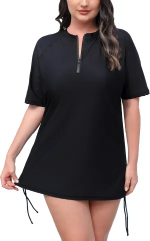 Halcurt Women's Plus Size Half Zip Short Sleeve Rash Guard Swim Top Drawstring Swim Shirt UPF50  Swimsuit