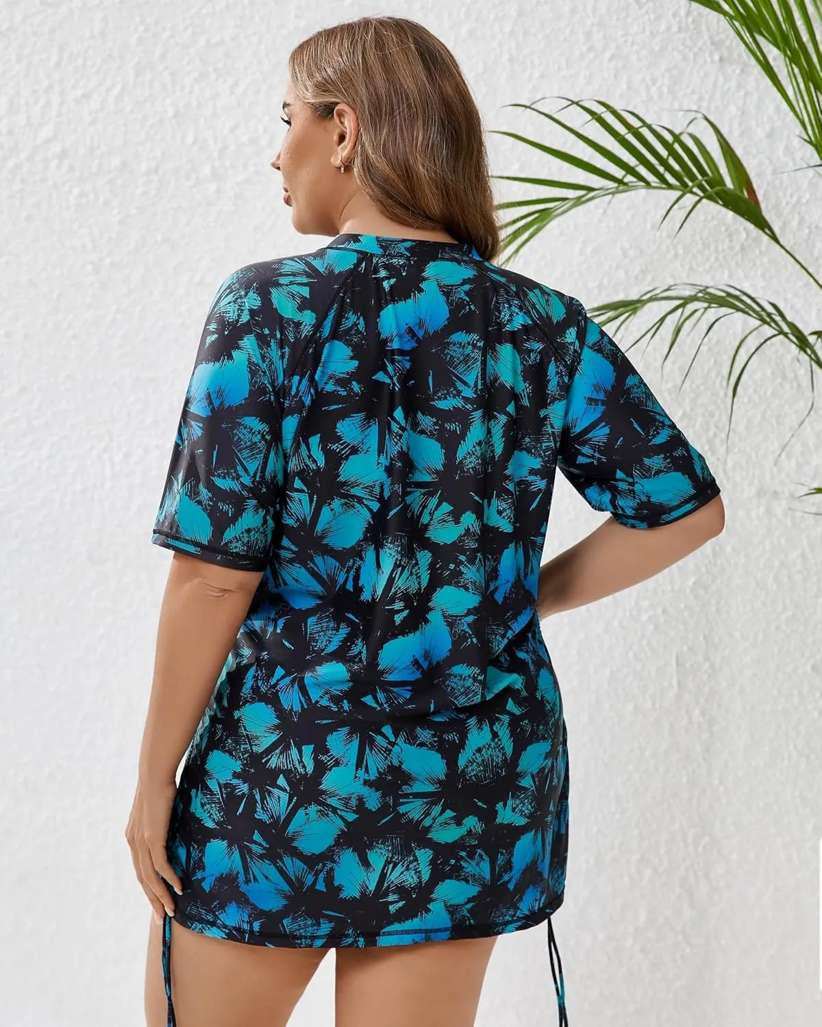 Halcurt Women's Plus Size Half Zip Short Sleeve Rash Guard Swim Top Drawstring Swim Shirt UPF50  Swimsuit