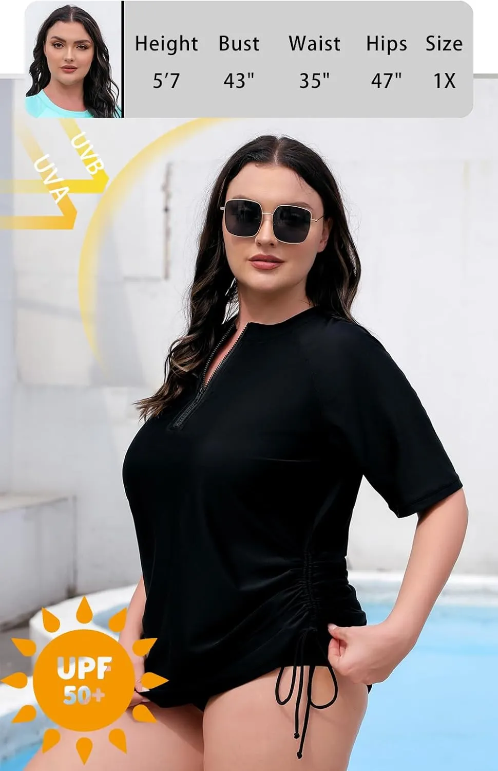 Halcurt Women's Plus Size Half Zip Short Sleeve Rash Guard Swim Top Drawstring Swim Shirt UPF50  Swimsuit