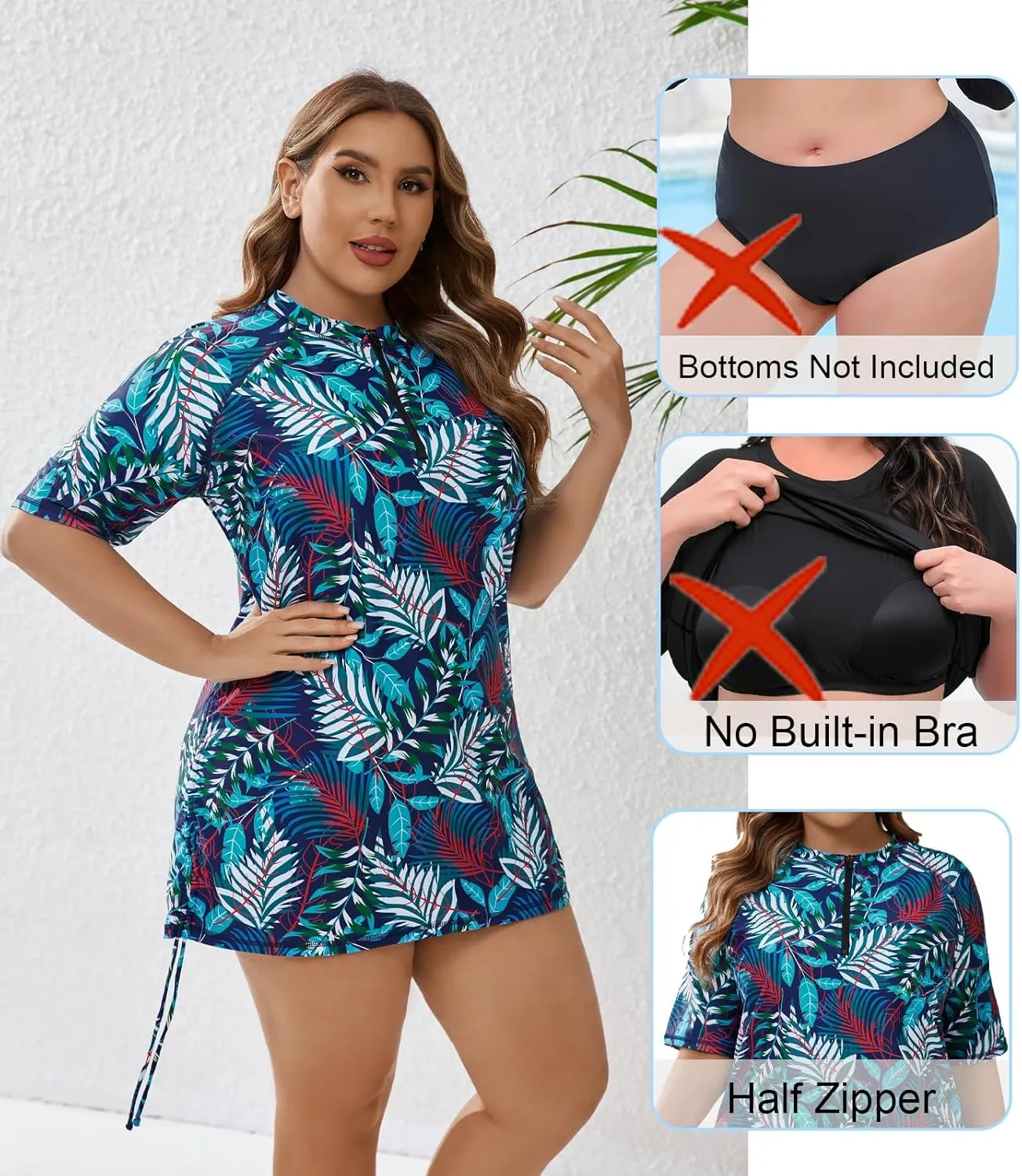 Halcurt Women's Plus Size Half Zip Short Sleeve Rash Guard Swim Top Drawstring Swim Shirt UPF50  Swimsuit