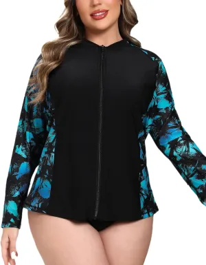 Halcurt Women's Plus Size Long Sleeve Rash Guard Shirts Full Zip Swim Top UPF50  Loose Fit Quick Dry Swimsuit