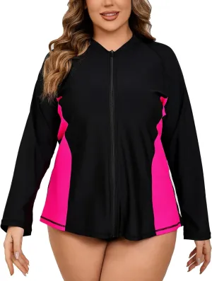 Halcurt Women's Plus Size Long Sleeve Rash Guard Shirts Full Zip Swim Top UPF50  Loose Fit Quick Dry Swimsuit