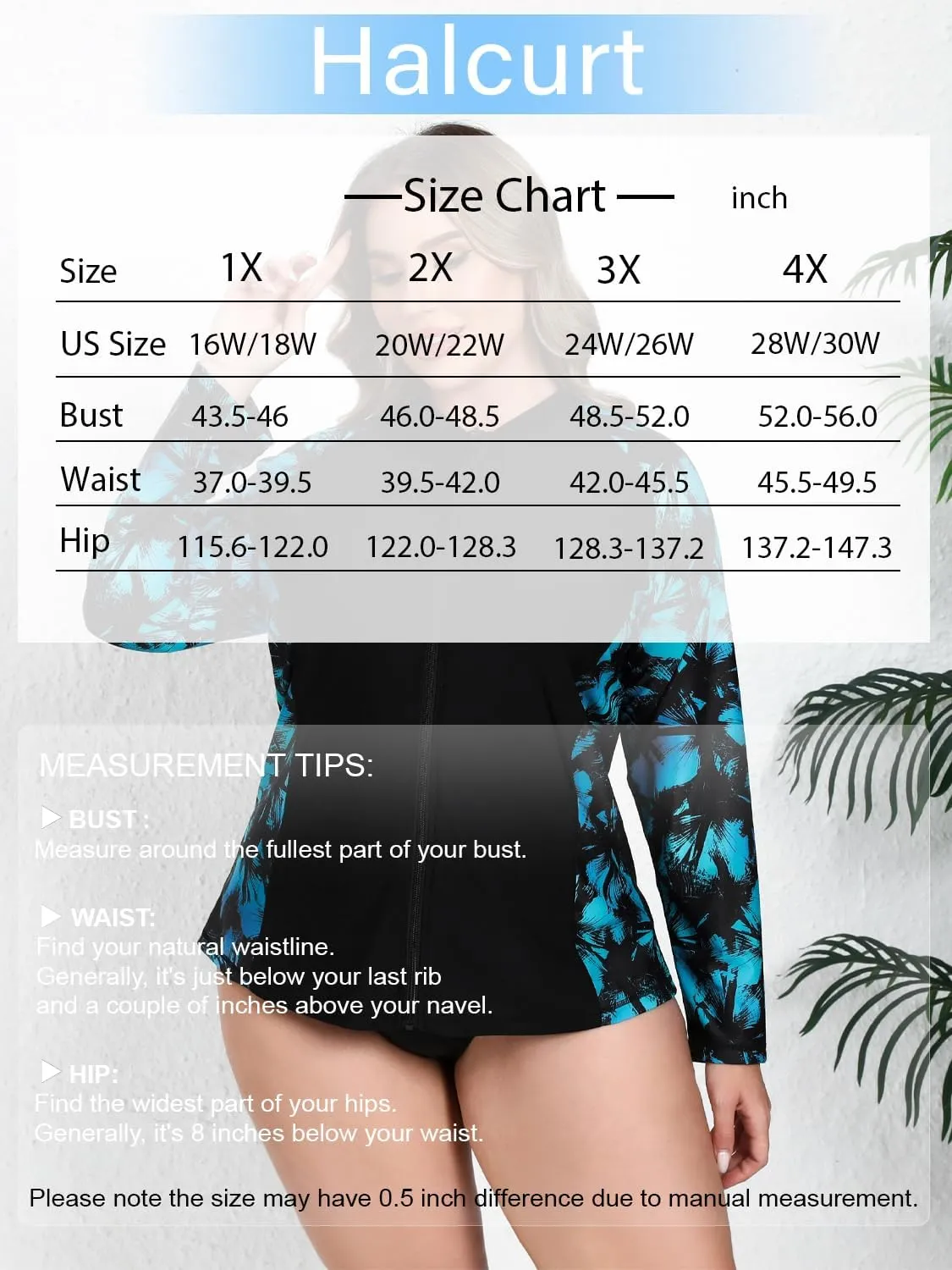 Halcurt Women's Plus Size Long Sleeve Rash Guard Shirts Full Zip Swim Top UPF50  Loose Fit Quick Dry Swimsuit