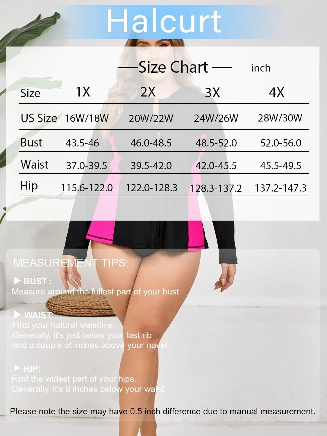 Halcurt Women's Plus Size Long Sleeve Rash Guard Shirts Full Zip Swim Top UPF50  Loose Fit Quick Dry Swimsuit
