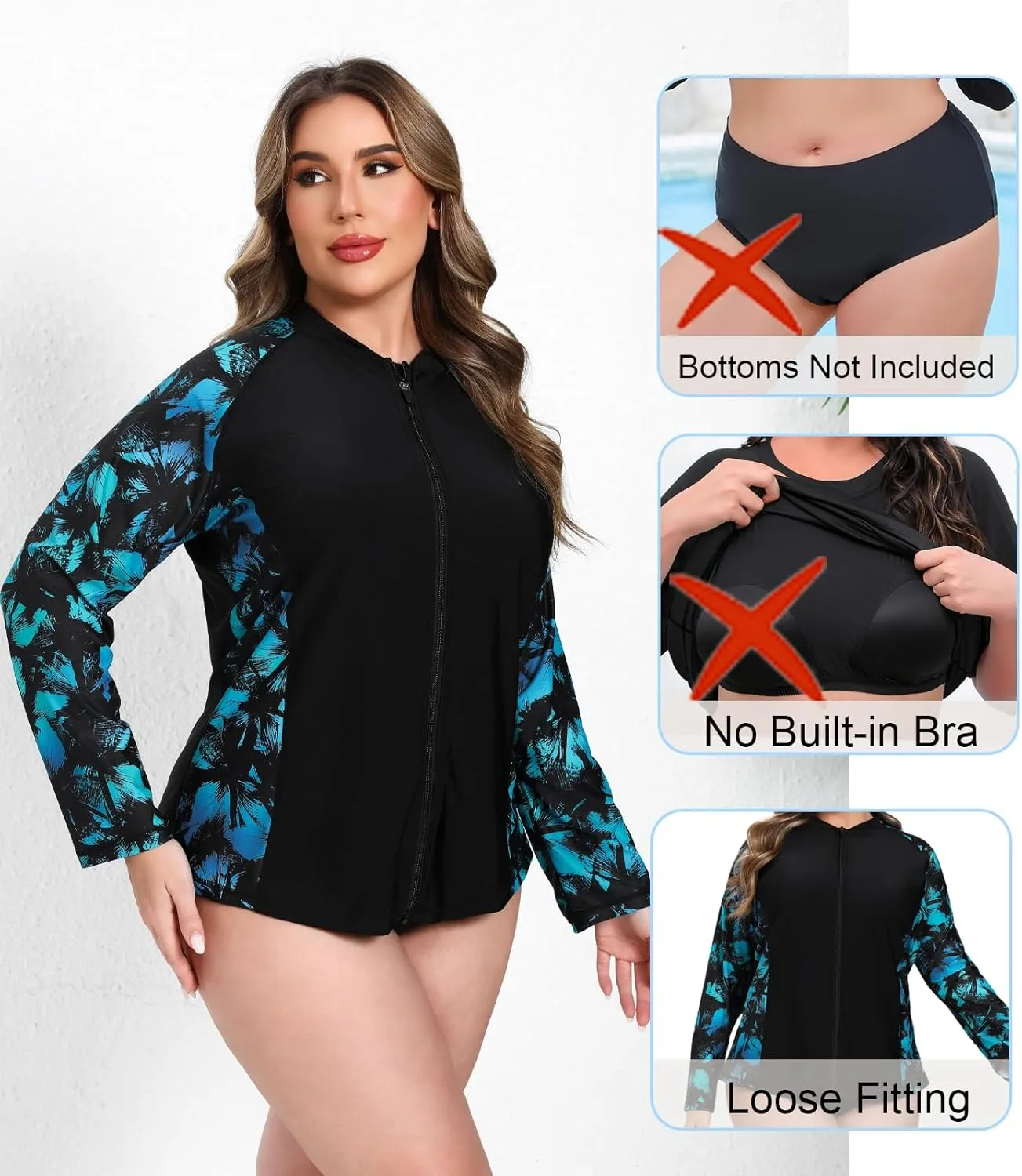 Halcurt Women's Plus Size Long Sleeve Rash Guard Shirts Full Zip Swim Top UPF50  Loose Fit Quick Dry Swimsuit