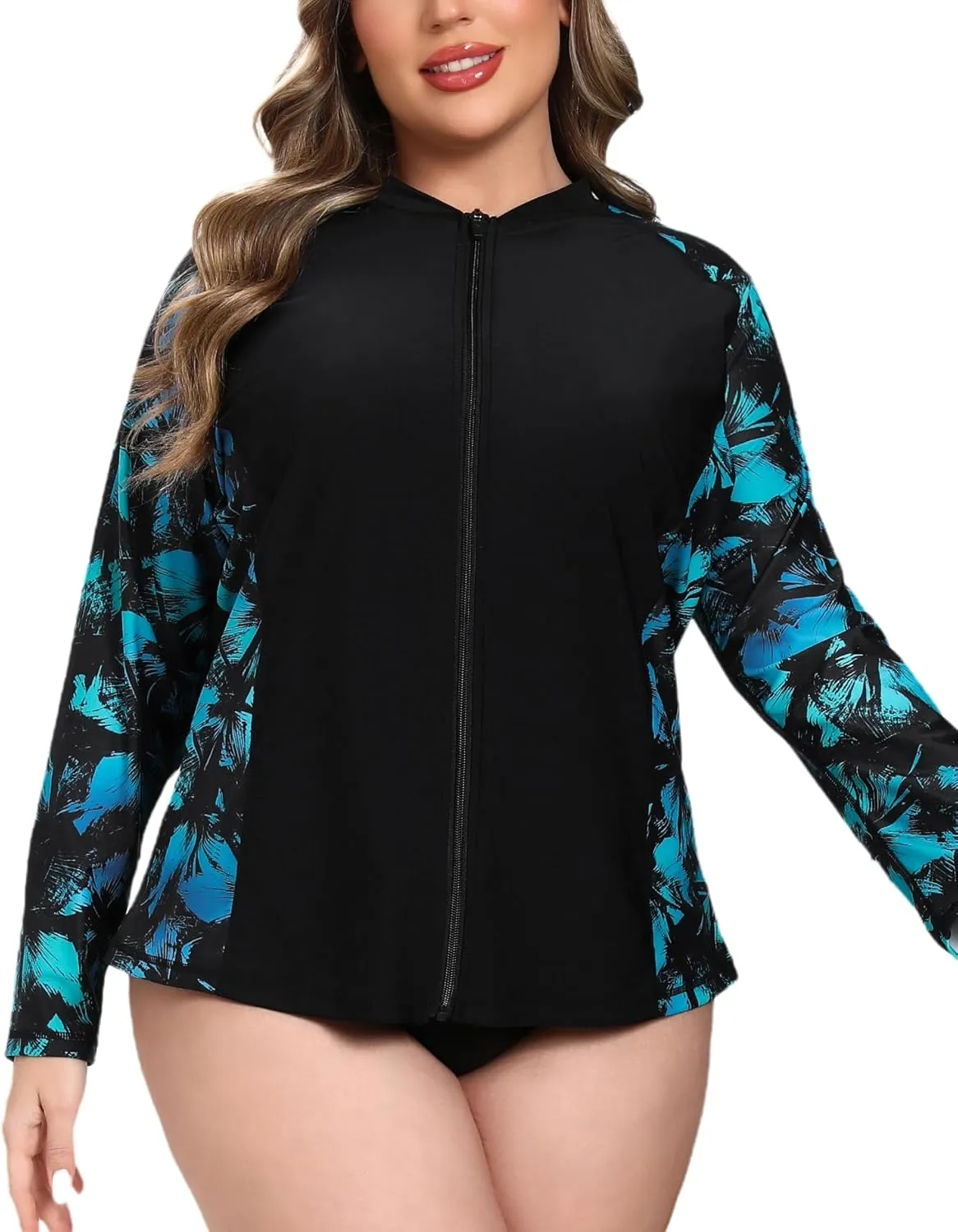 Halcurt Women's Plus Size Long Sleeve Rash Guard Shirts Full Zip Swim Top UPF50  Loose Fit Quick Dry Swimsuit