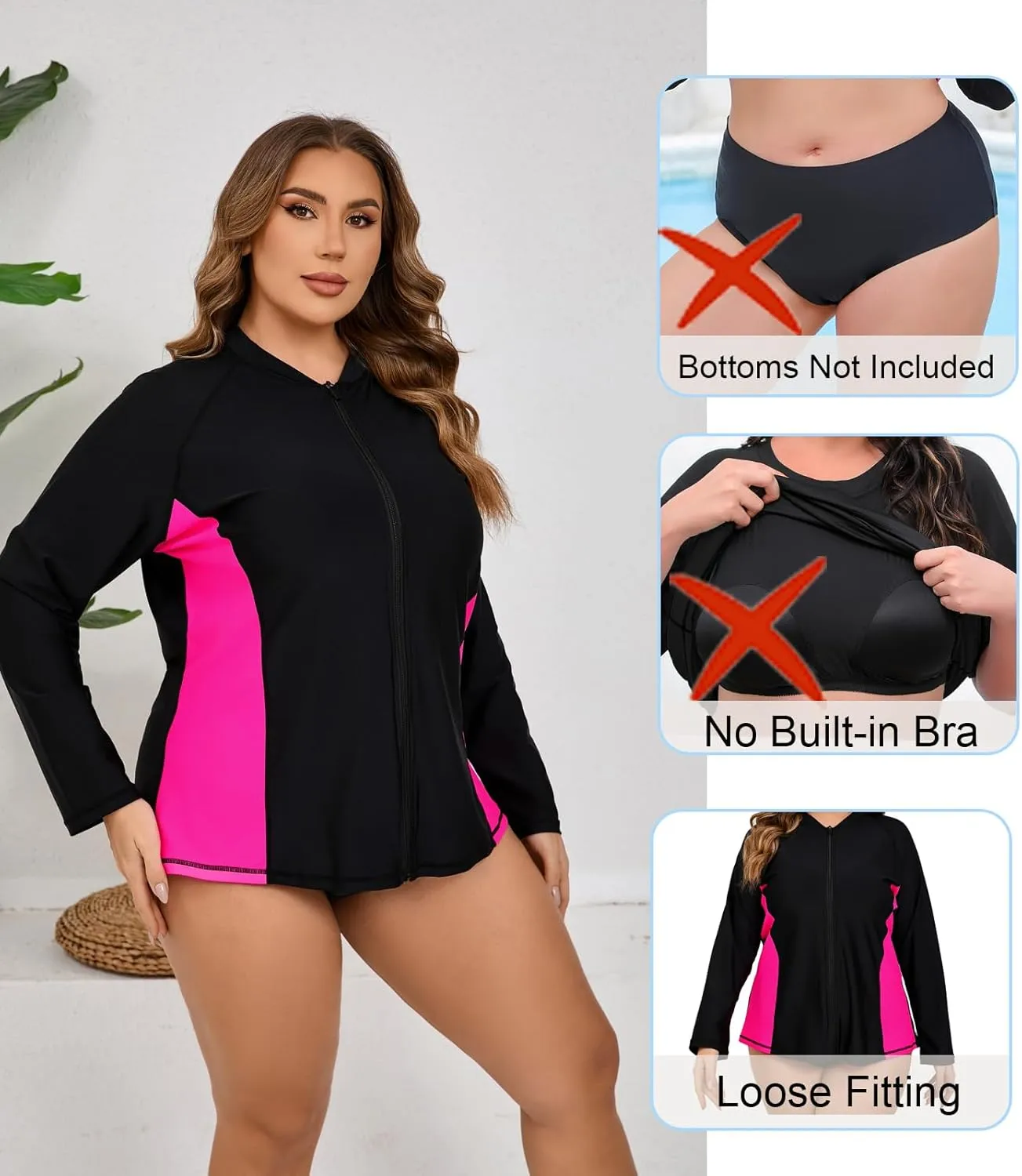 Halcurt Women's Plus Size Long Sleeve Rash Guard Shirts Full Zip Swim Top UPF50  Loose Fit Quick Dry Swimsuit
