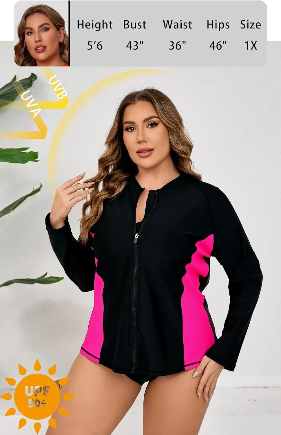 Halcurt Women's Plus Size Long Sleeve Rash Guard Shirts Full Zip Swim Top UPF50  Loose Fit Quick Dry Swimsuit