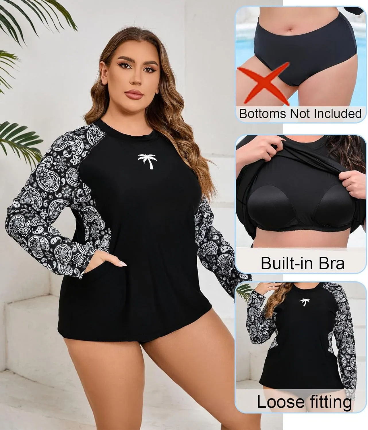 Halcurt Womens Plus Size Long Sleeve Rash Guard Swim Top with Built in Bra Loose Fit UPF50  Sun Protection Swimsuit