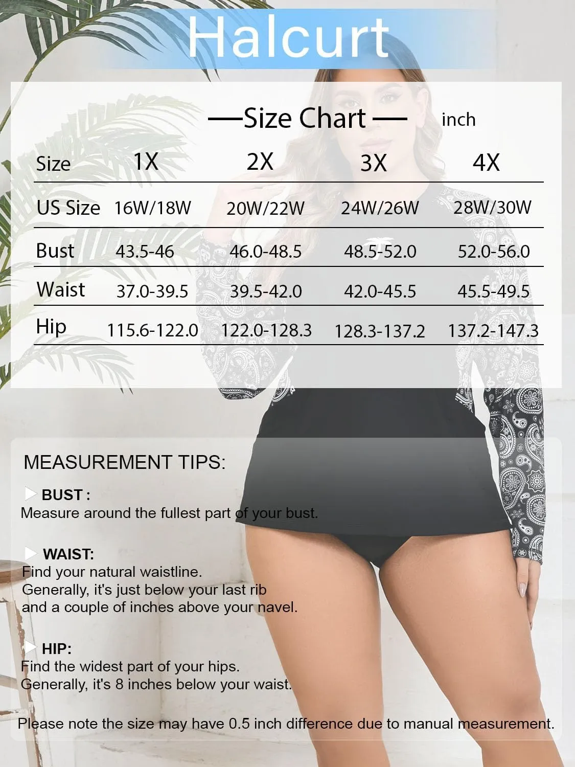 Halcurt Womens Plus Size Long Sleeve Rash Guard Swim Top with Built in Bra Loose Fit UPF50  Sun Protection Swimsuit