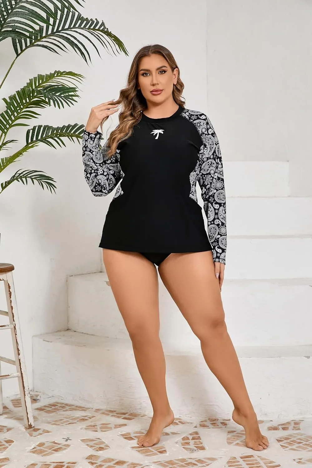 Halcurt Womens Plus Size Long Sleeve Rash Guard Swim Top with Built in Bra Loose Fit UPF50  Sun Protection Swimsuit