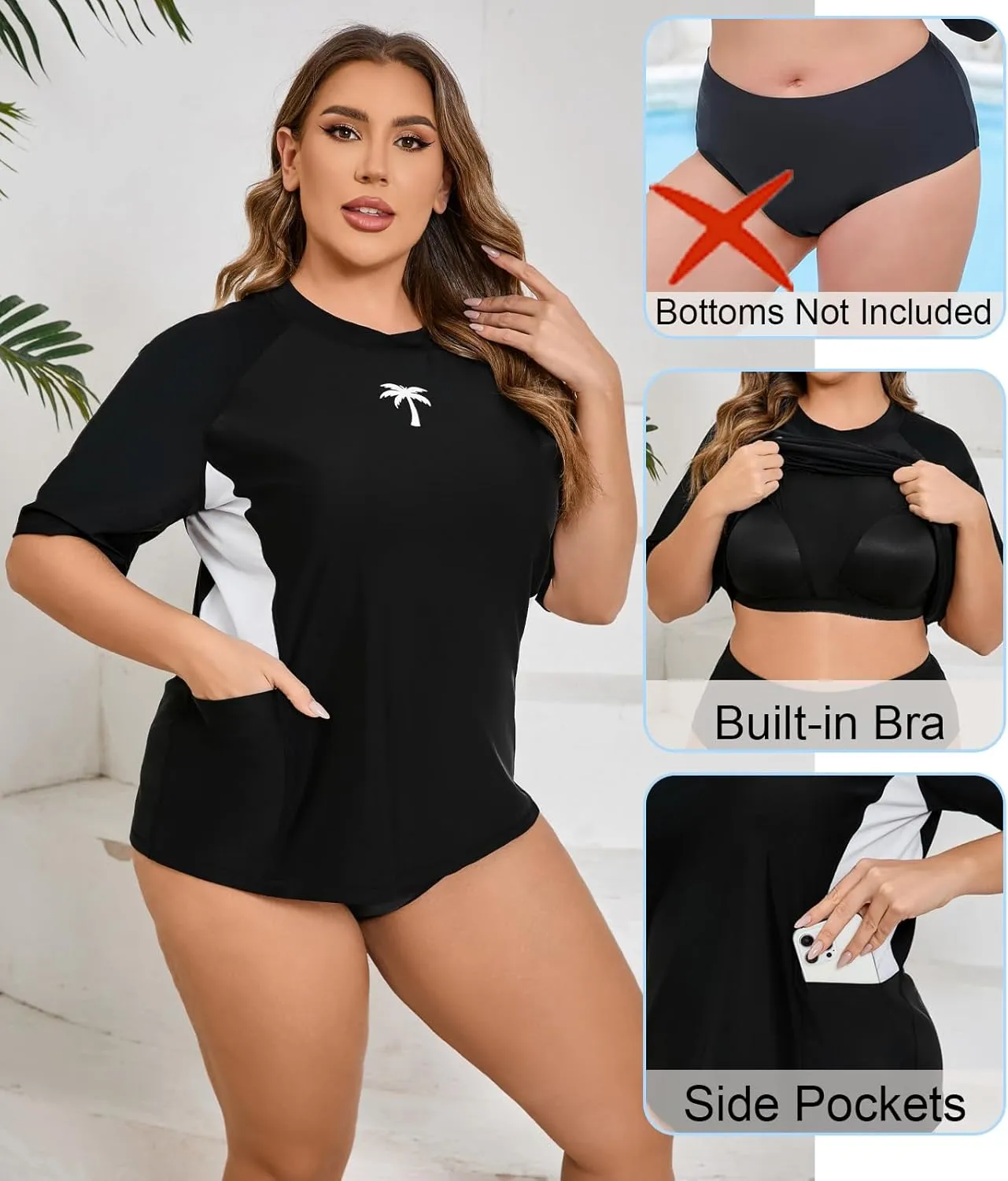 Halcurt Women's Plus Size Short Sleeve Rash Guard Top with Built in Bra Side Pockets UPF50  Swim Shirts
