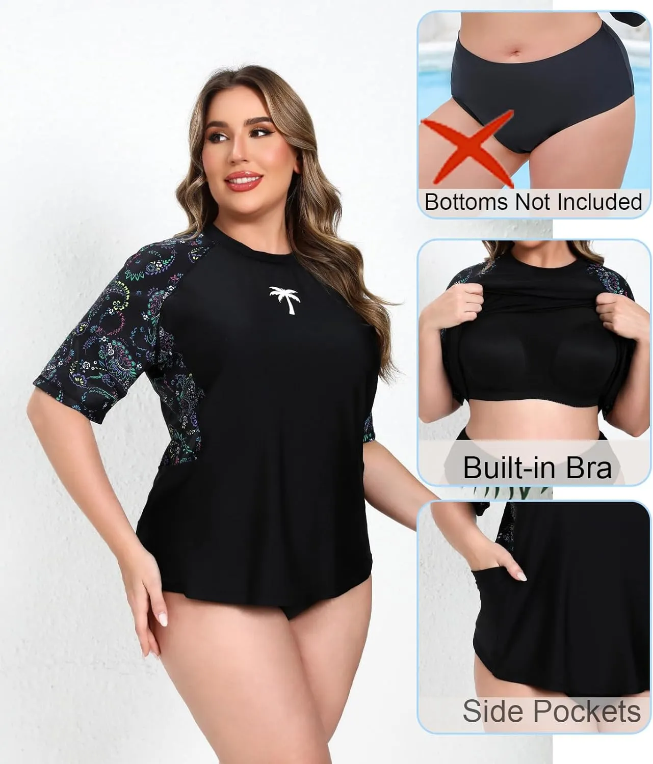 Halcurt Women's Plus Size Short Sleeve Rash Guard Top with Built in Bra Side Pockets UPF50  Swim Shirts