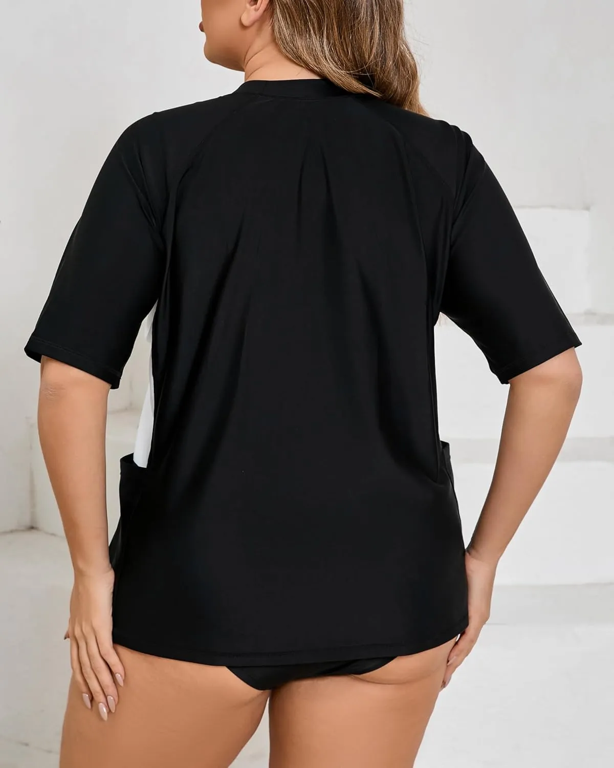 Halcurt Women's Plus Size Short Sleeve Rash Guard Top with Built in Bra Side Pockets UPF50  Swim Shirts