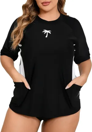 Halcurt Women's Plus Size Short Sleeve Rash Guard Top with Built in Bra Side Pockets UPF50  Swim Shirts